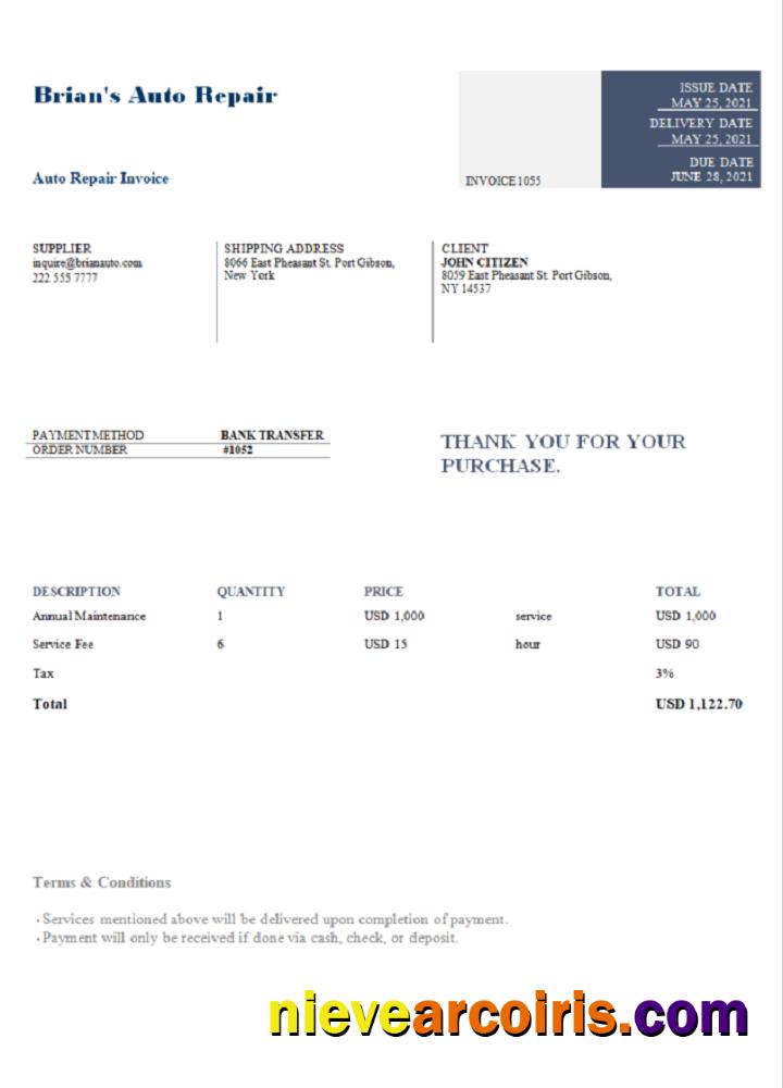 USA Brian's Auto Repair invoice